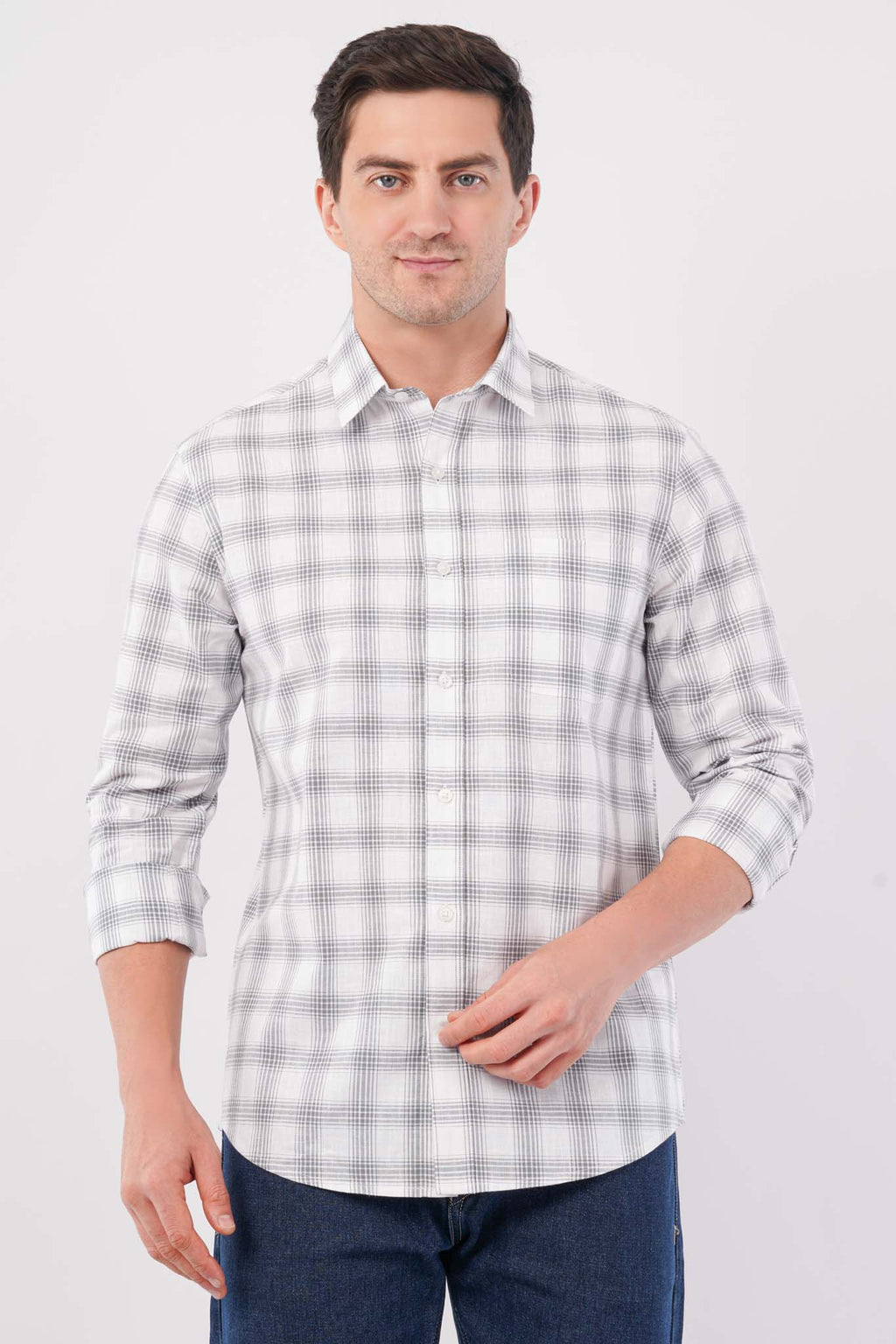 grey linen blend checks shirt