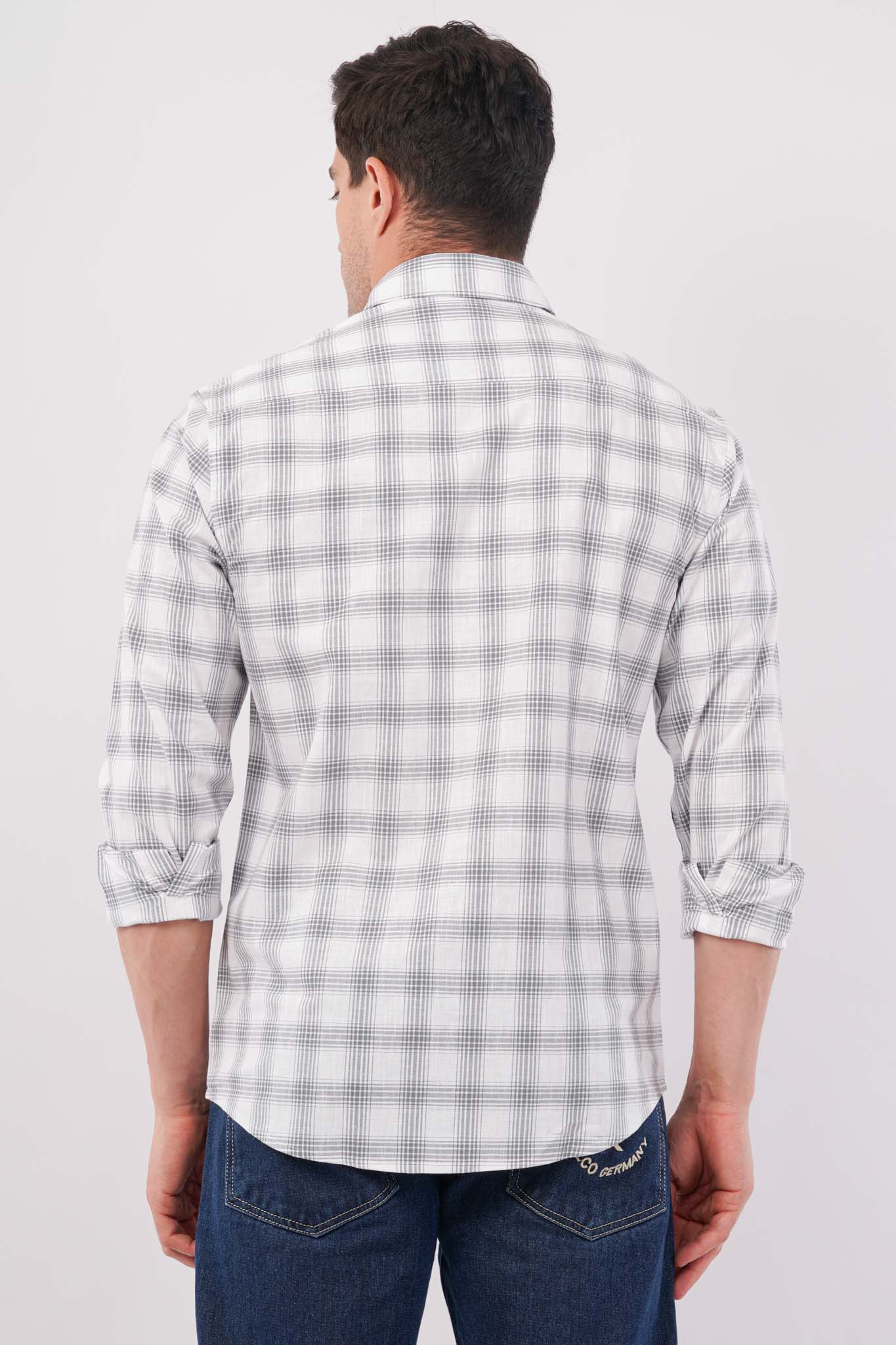 grey linen blend checks shirt