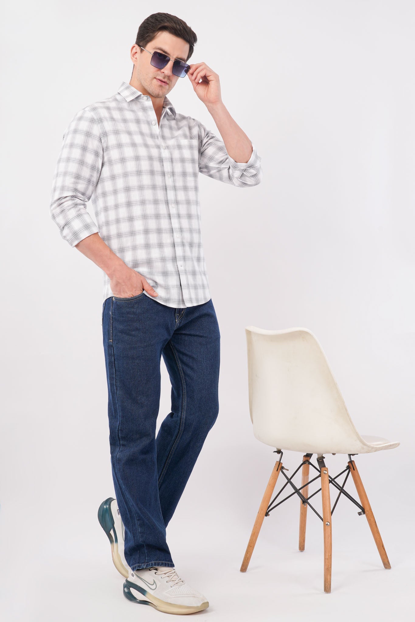 grey linen blend checks shirt