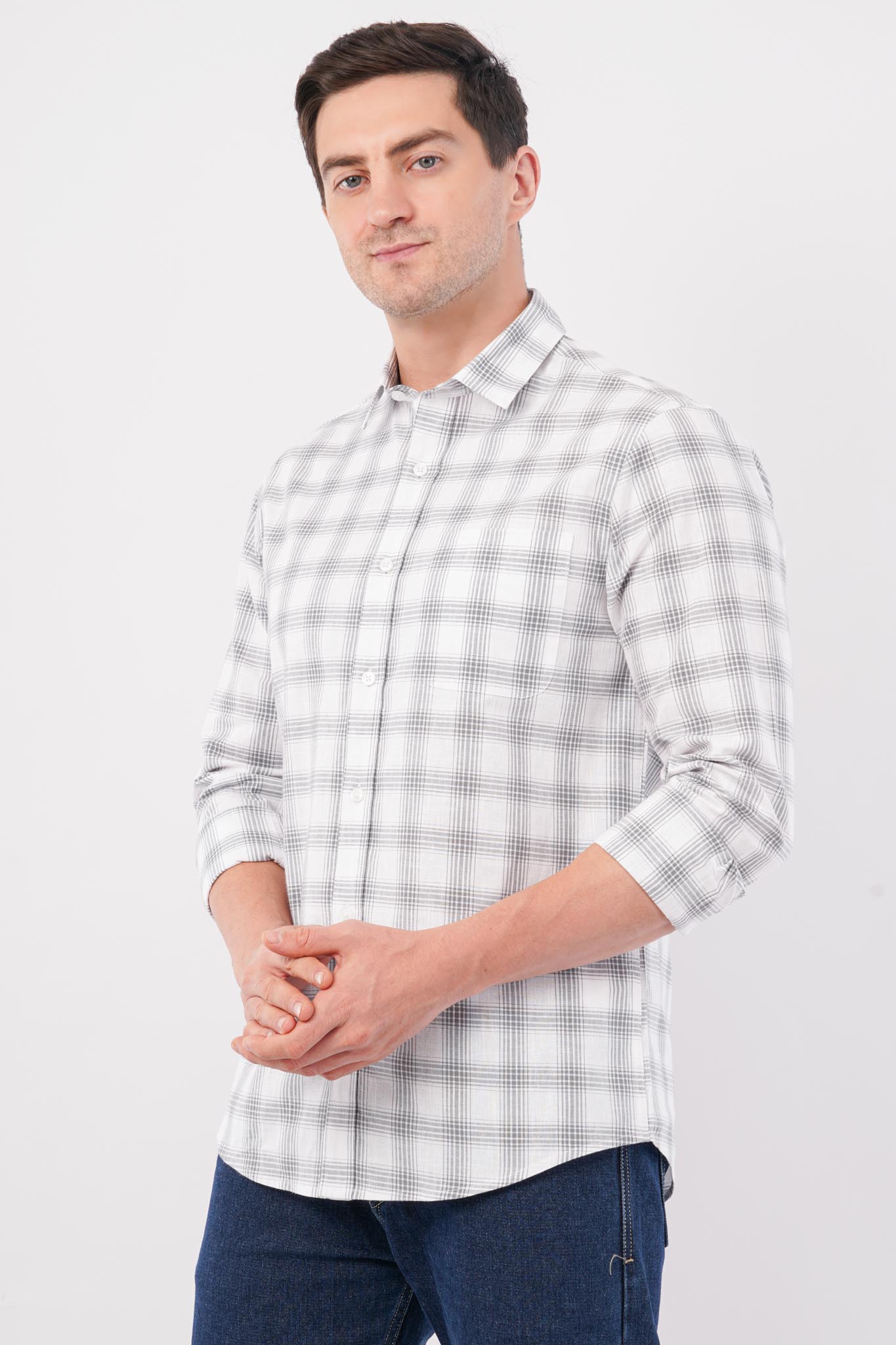 grey linen blend checks shirt