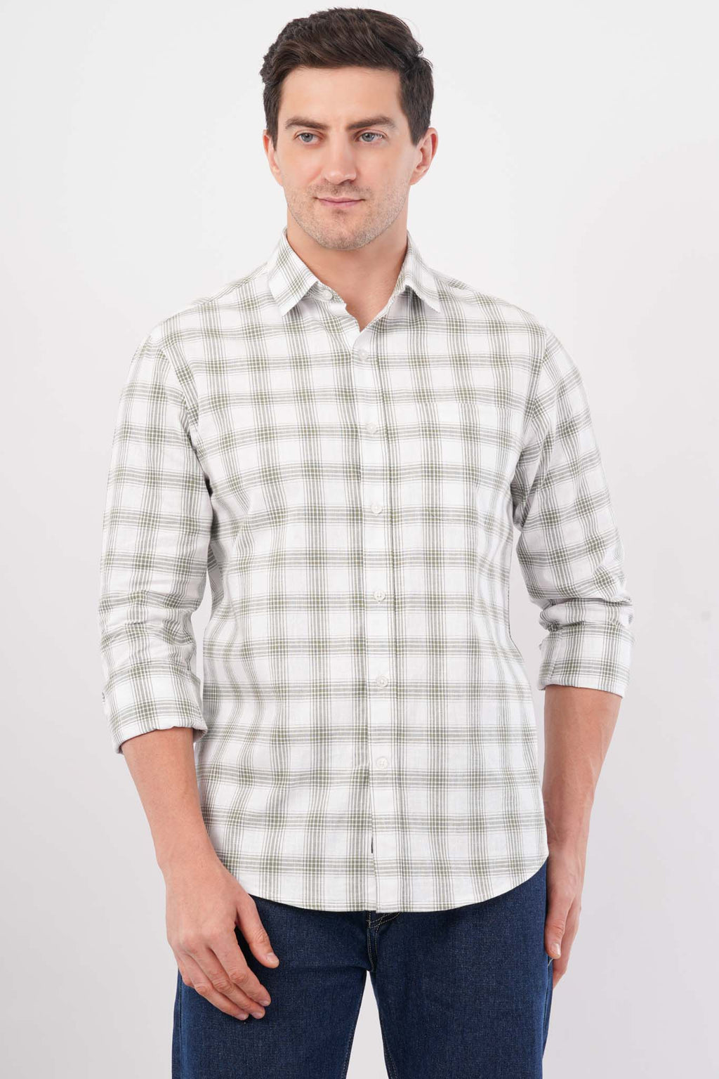 olive linen blend checks shirt