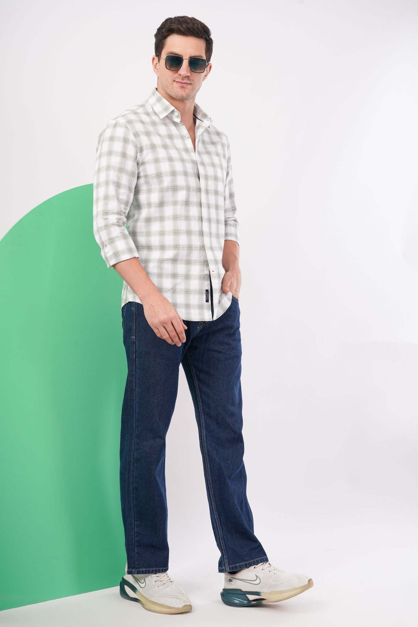 olive linen blend checks shirt