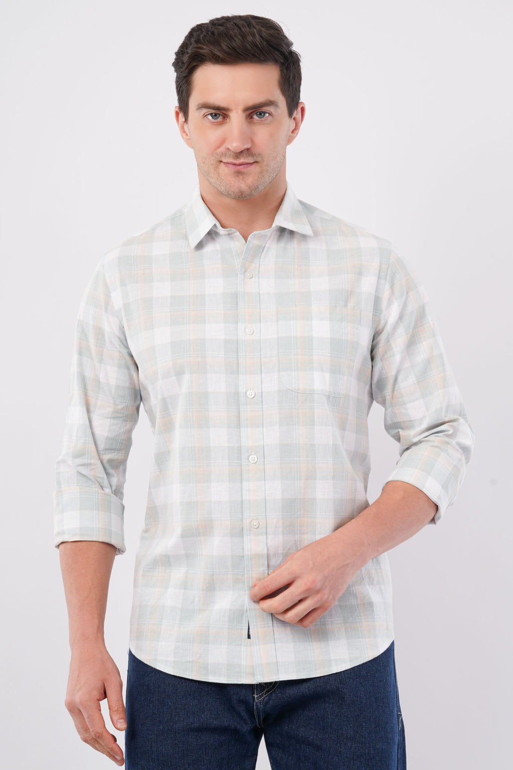 green linen blend checks shirt