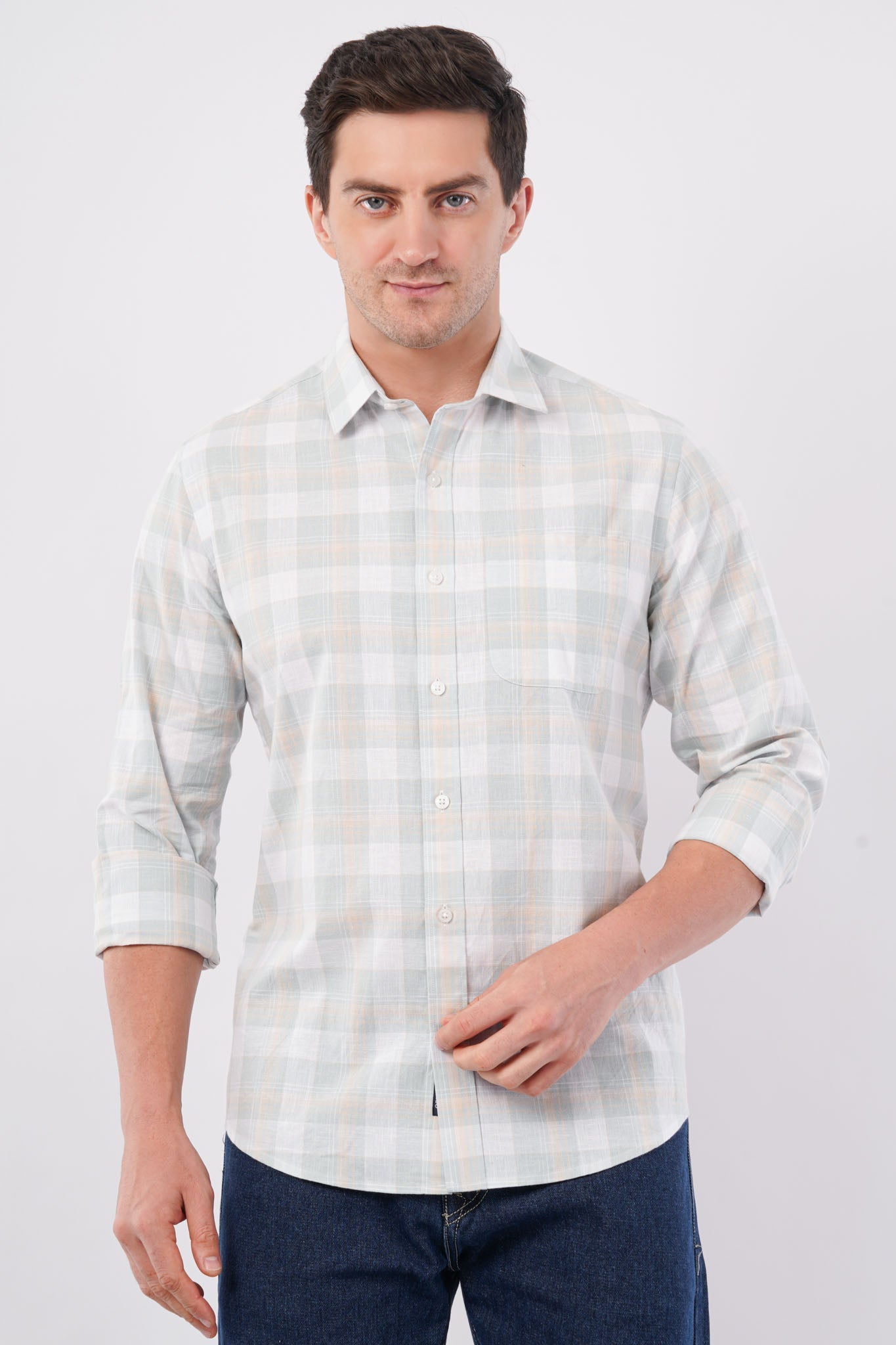 green linen blend checks shirt