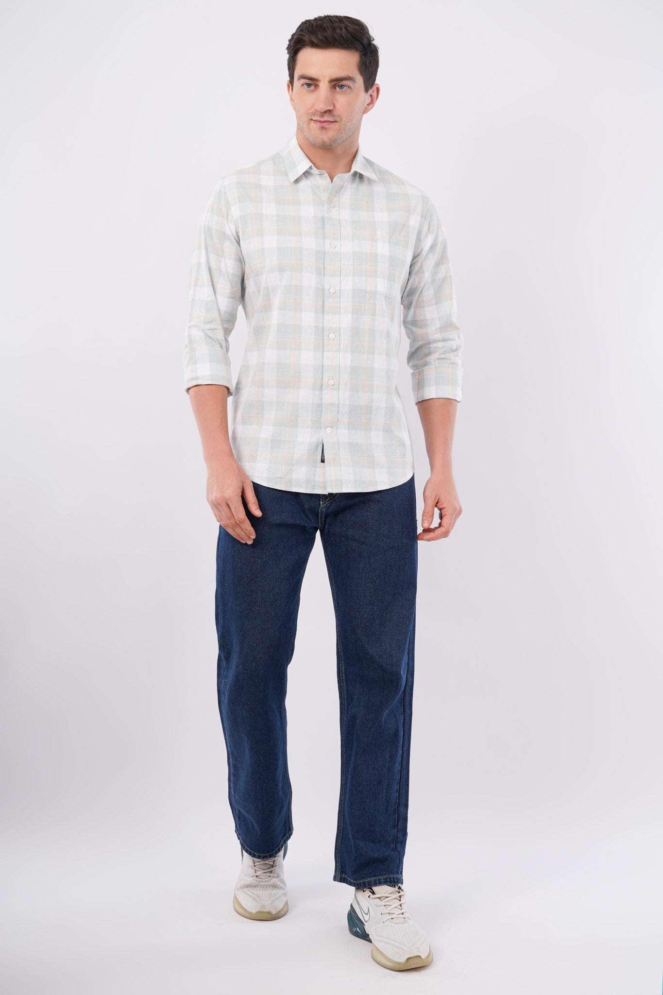 green linen blend checks shirt
