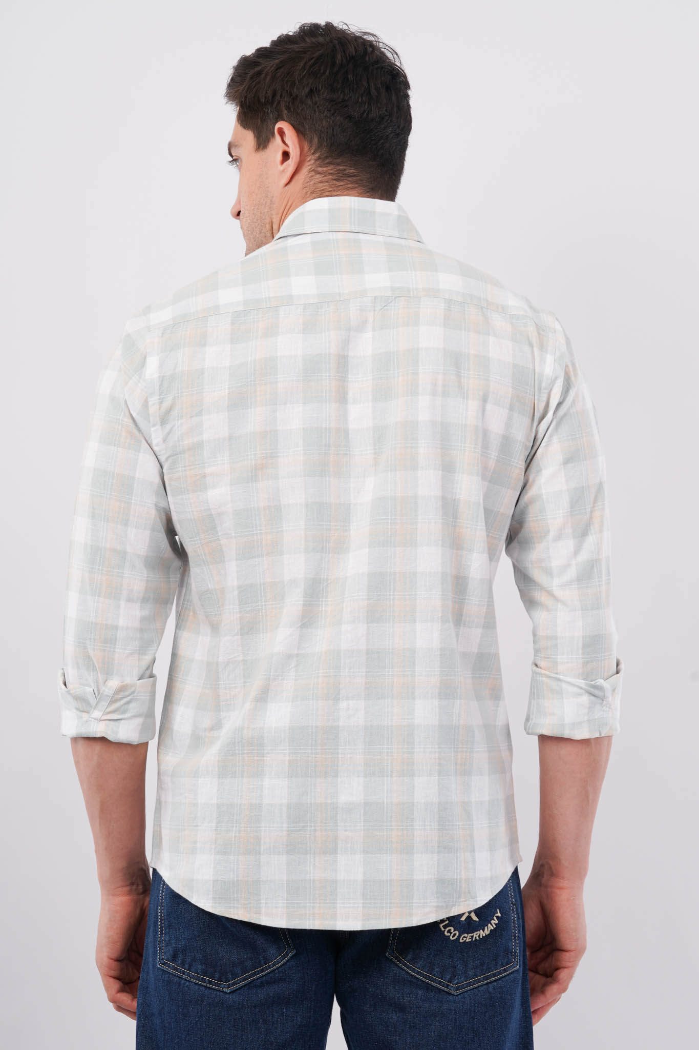 green linen blend checks shirt