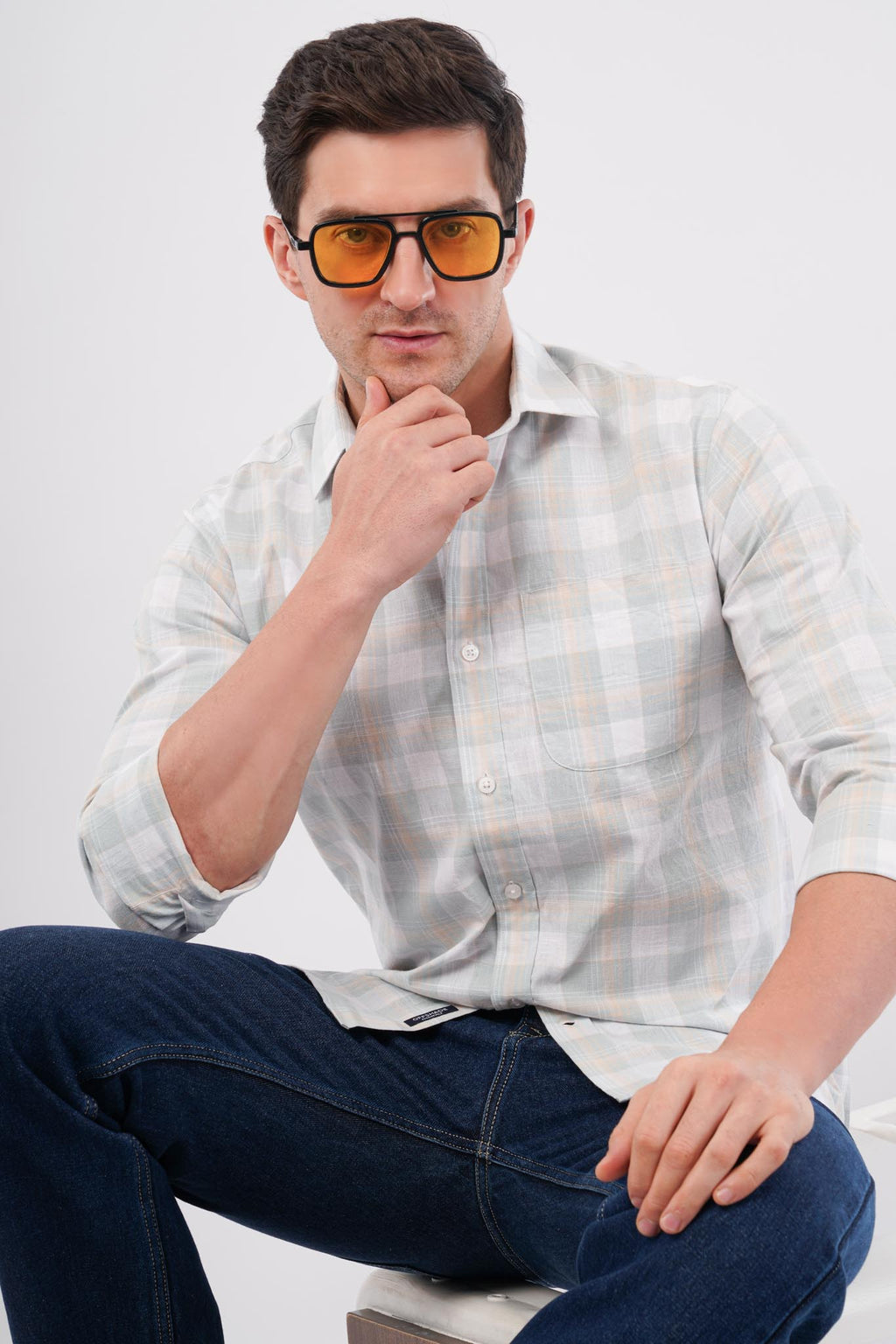 green linen blend checks shirt