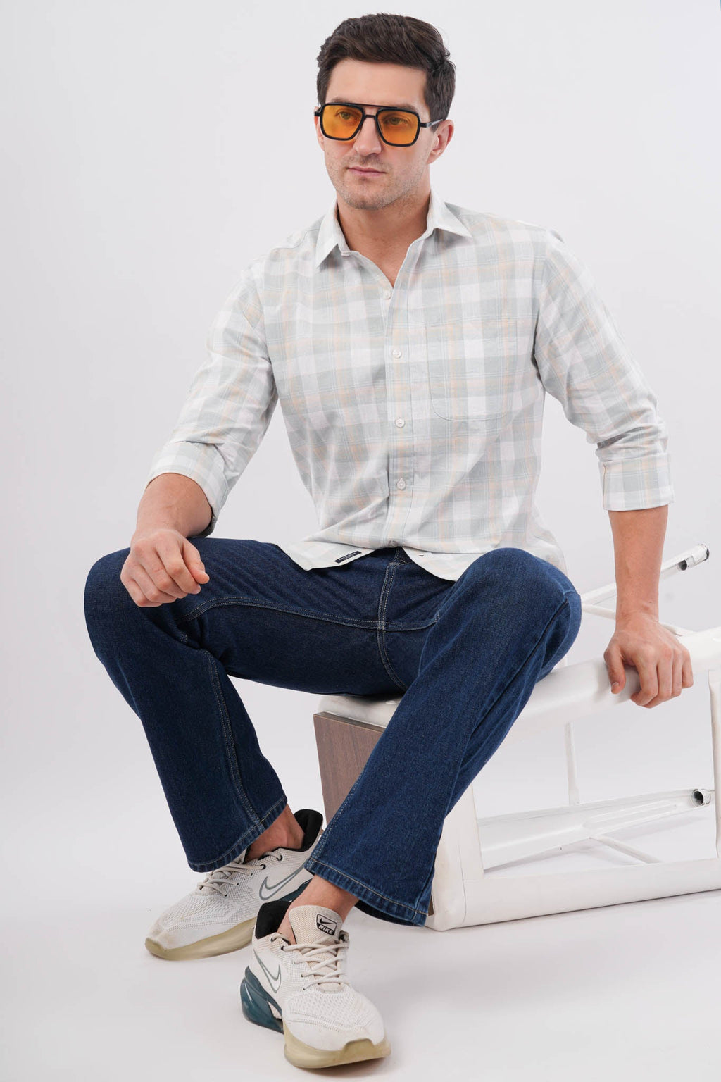 green linen blend checks shirt