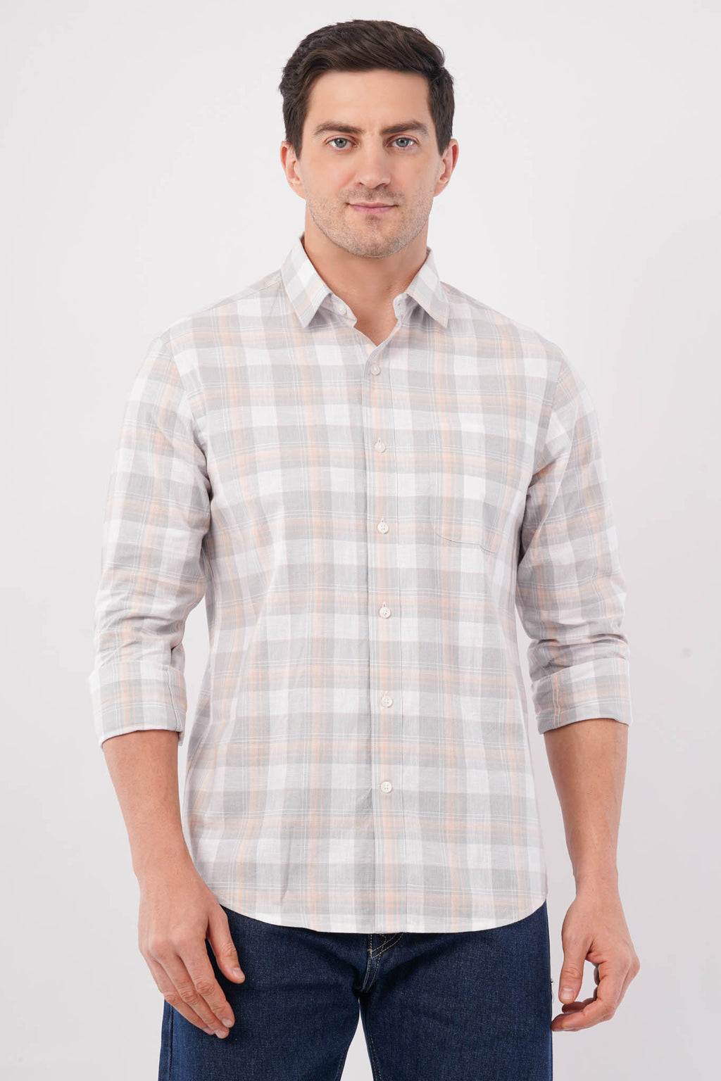 grey linen blend checks shirt
