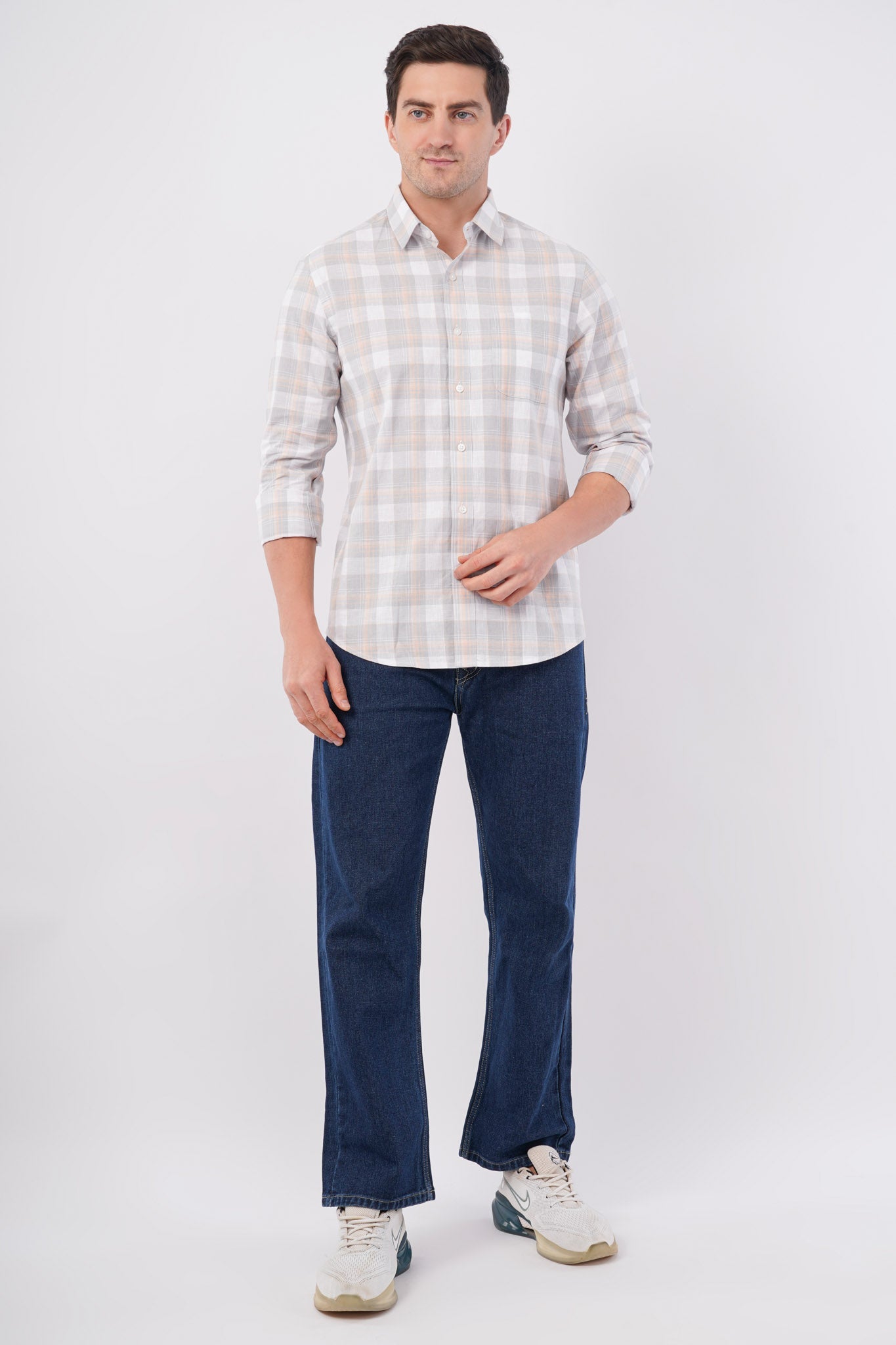 grey linen blend checks shirt