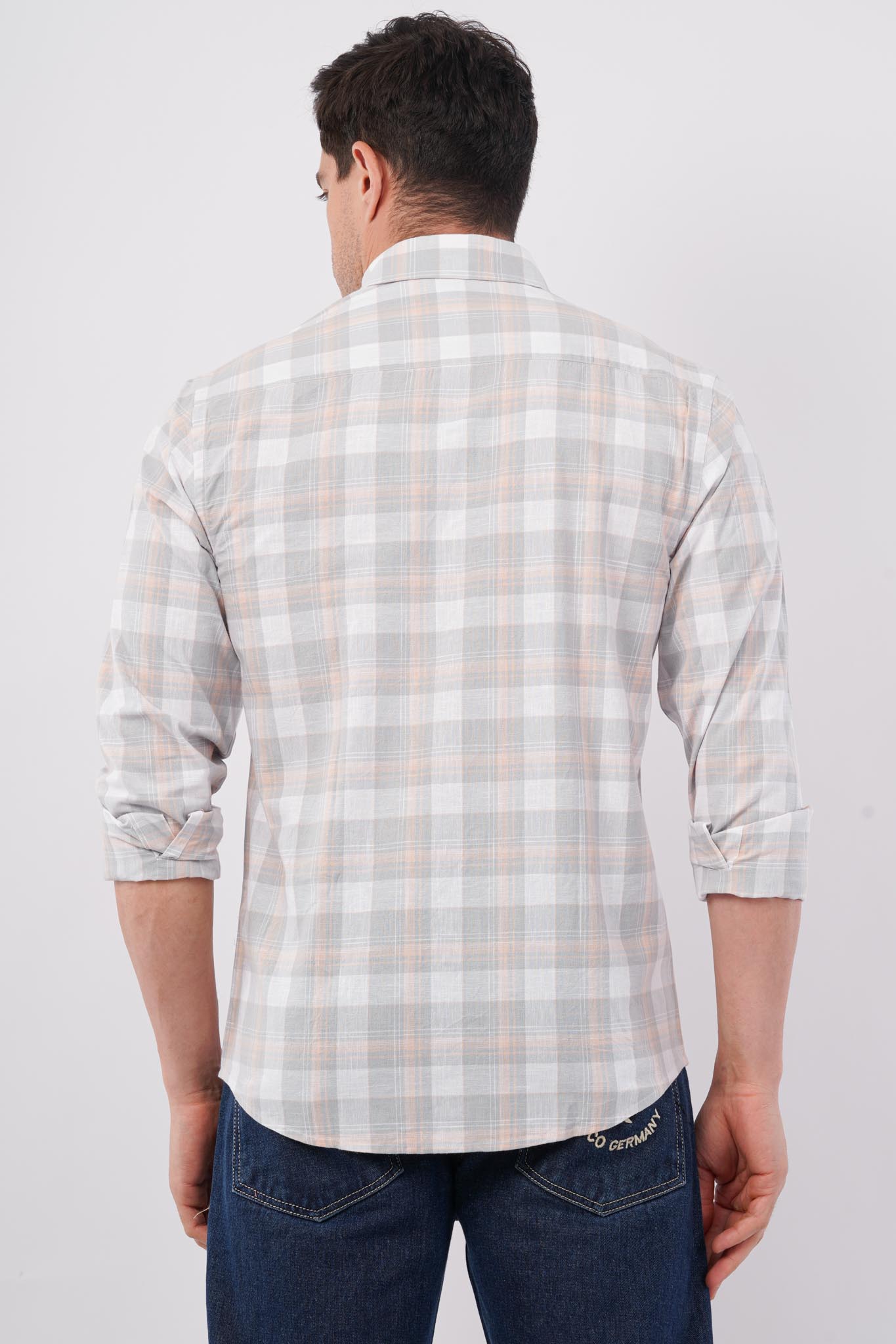 grey linen blend checks shirt