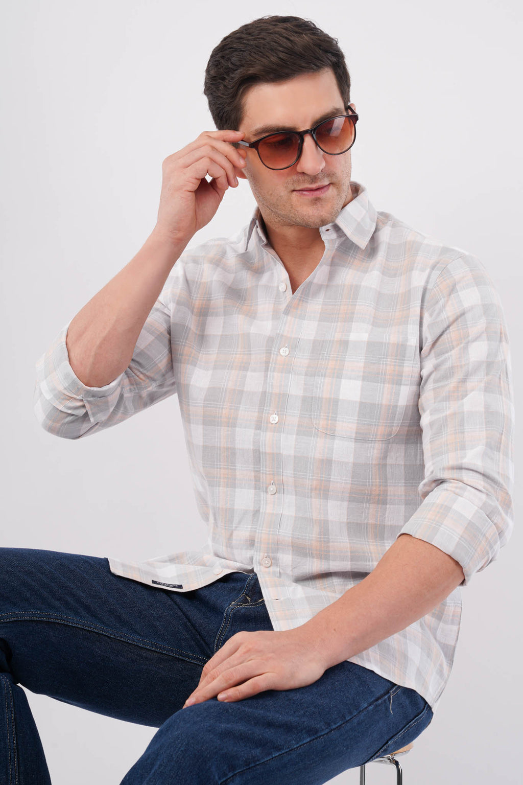 grey linen blend checks shirt