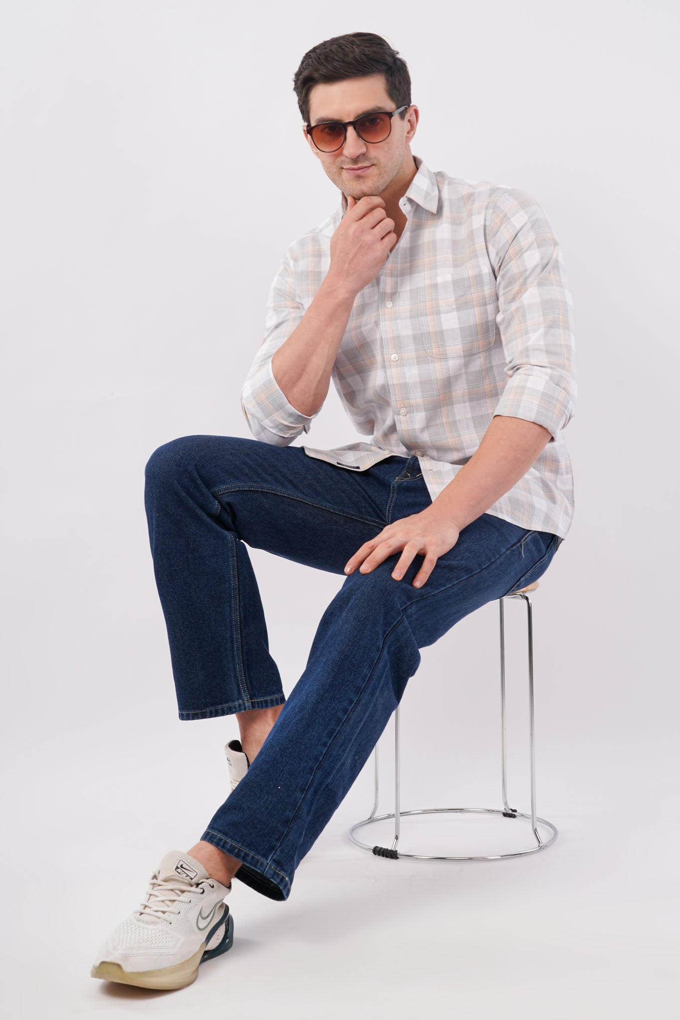 grey linen blend checks shirt